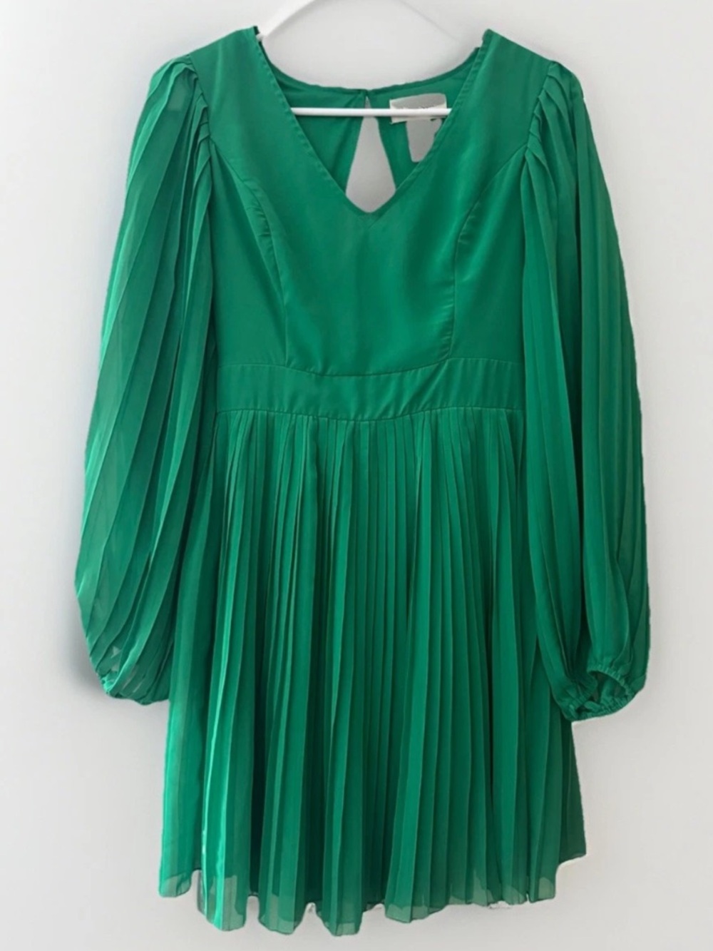 Jessica Simpson Green Pleated Mini Dress Long Balloon Sleeve V-Neck Boho Medium